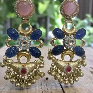 Matt Finish Golden Blue and Pink Bell Earrings