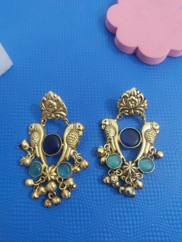Blue And Turquoise Parrot Bell Earrings - Image 2