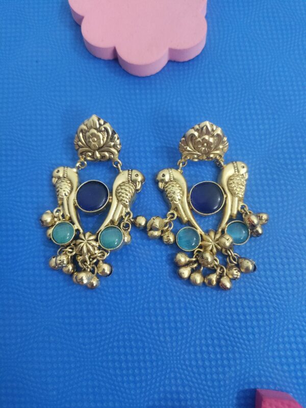 Blue And Turquoise Parrot Bell Earrings - Image 3