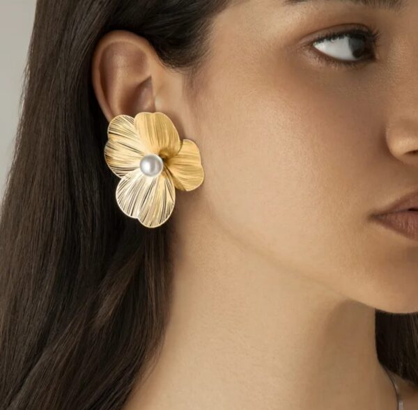 Golden Petal Korean Studs With White Pearl - Image 2