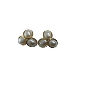 Triple Pearl Stud Earrings, Gold-Tone Setting, Elegant Design