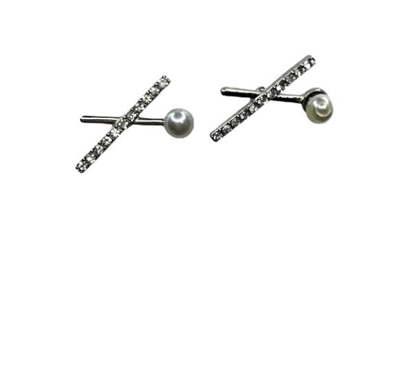Crystal Stud Earrings with Pearl, Cross Design, Silver-Toned - Image 2