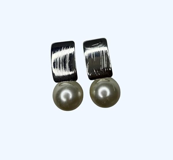 Modern Pearl Drop Earrings with Silver-toned Metal Rectangle Top, Silver Grey - Image 2