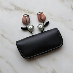 Floral Pearl Stud Earrings, Pink Tulip Design with Pearl Accent, Silver-Tone Metal