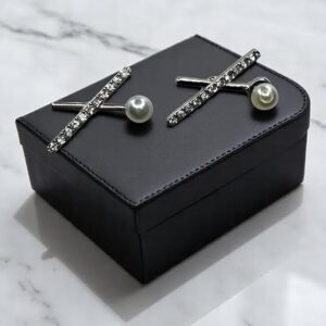Crystal Stud Earrings with Pearl, Cross Design, Silver-Toned