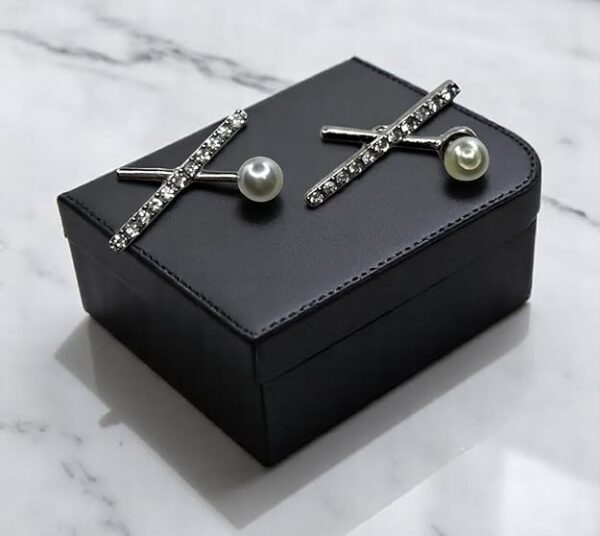 Crystal Stud Earrings with Pearl, Cross Design, Silver-Toned