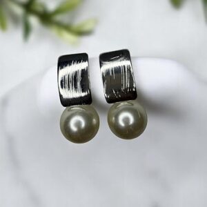 Modern Pearl Drop Earrings with Silver-toned Metal Rectangle Top, Silver Grey