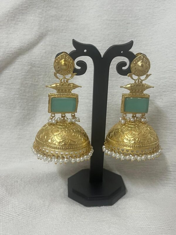 Big Jhumki Mint Green Earrings - Image 2