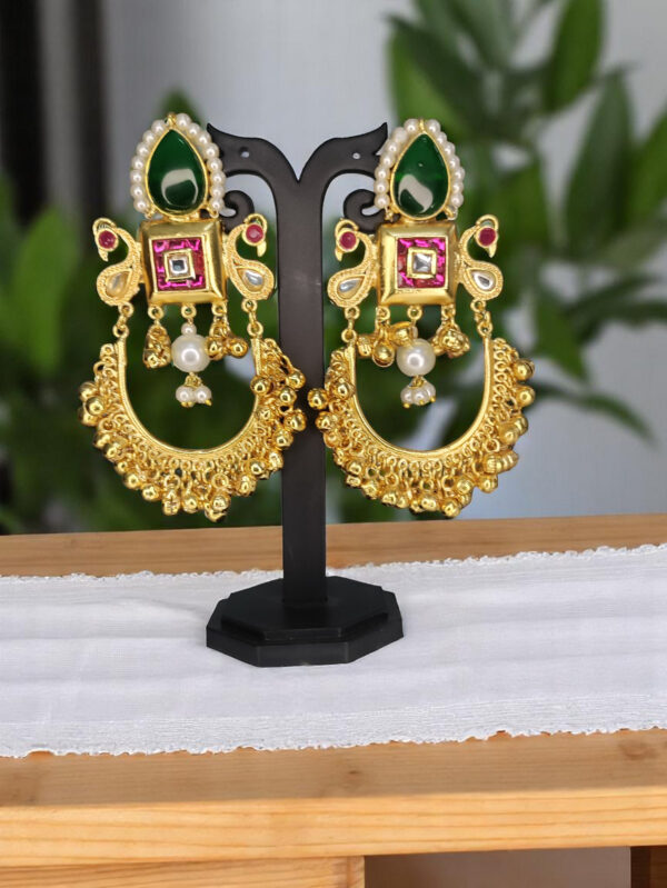 Bollywood Style Long Earrings With Tinkling Bells - Green and Ruby Color