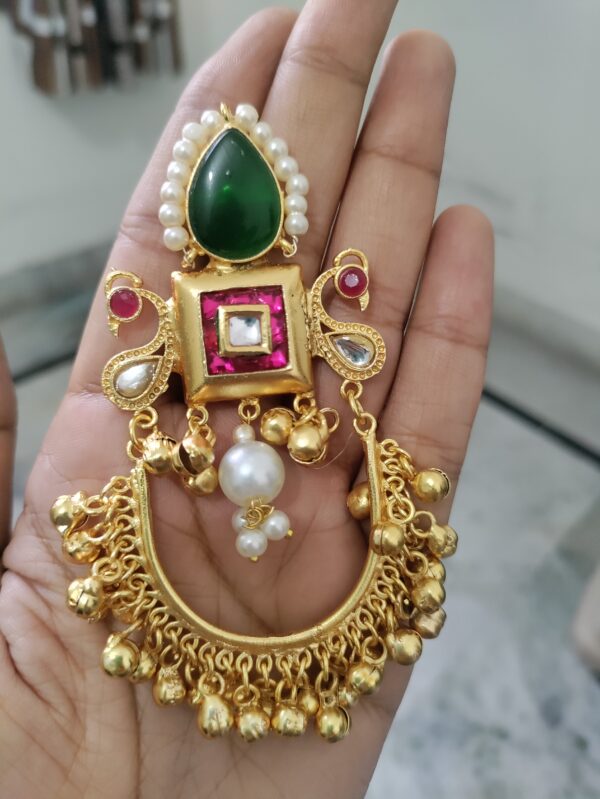 Bollywood Style Long Earrings With Tinkling Bells - Green and Ruby Color - Image 2
