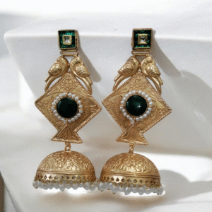 Golden Kite Parrot Jhumki Long Earrings in Green Color
