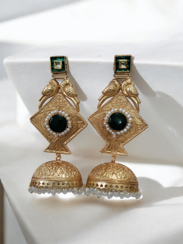 Golden Kite Parrot Jhumki Long Earrings in Green Color