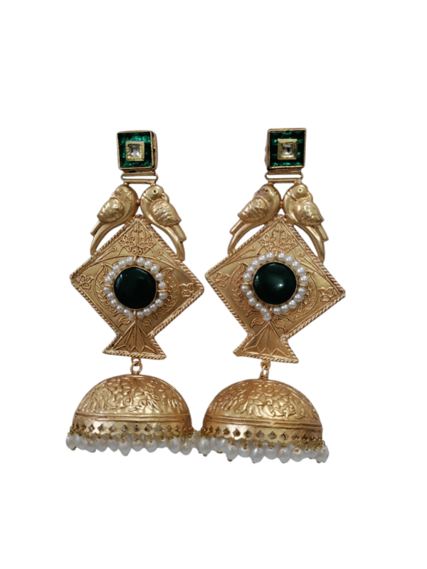 Golden Kite Parrot Jhumki Long Earrings in Green Color - Image 2