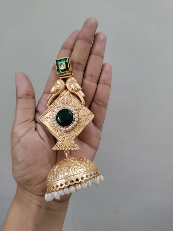 Golden Kite Parrot Jhumki Long Earrings in Green Color - Image 3