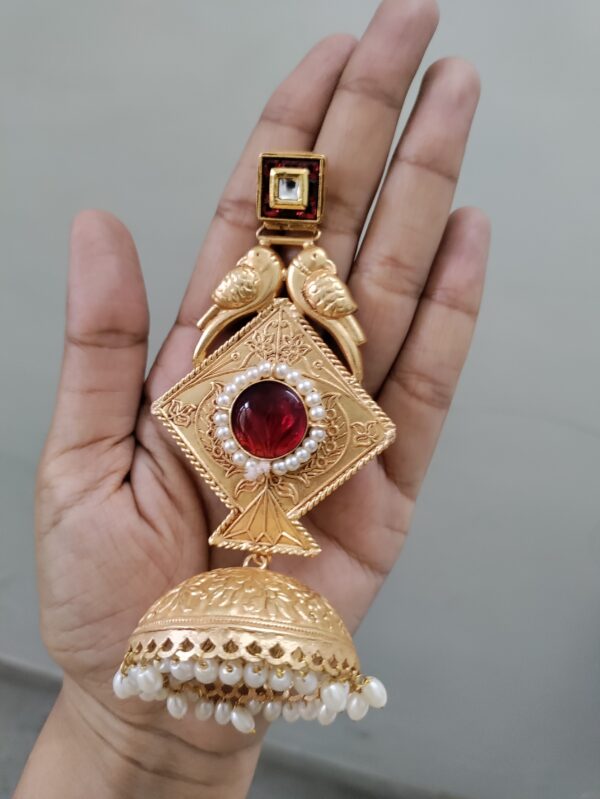 Golden Kite Parrot Jhumki Long Earrings in Red Color - Image 3