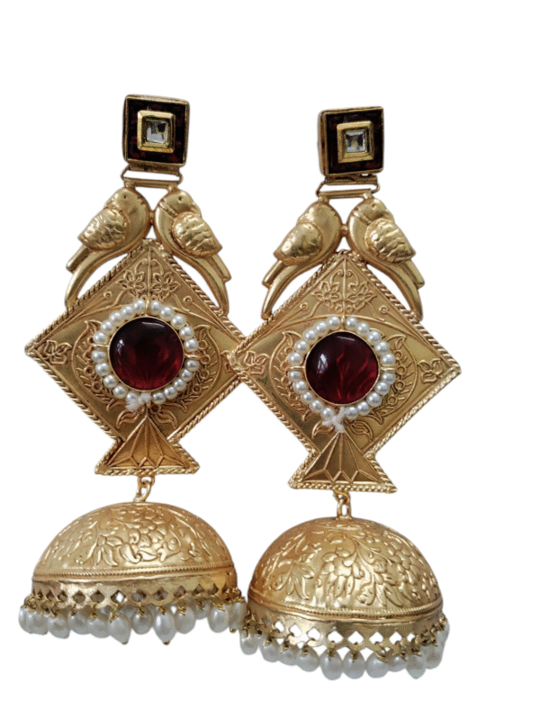 Golden Kite Parrot Jhumki Long Earrings in Red Color - Image 2