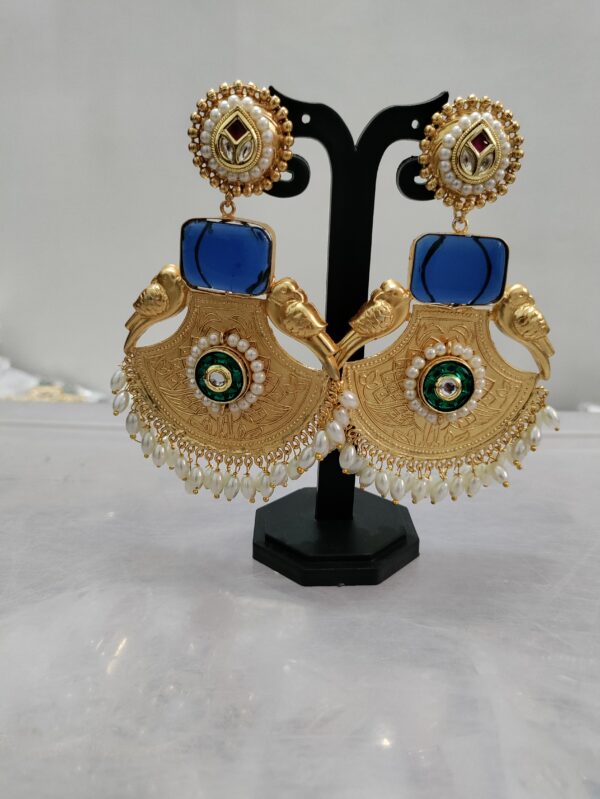 Blue Chandbali Golden Earrings - Image 2