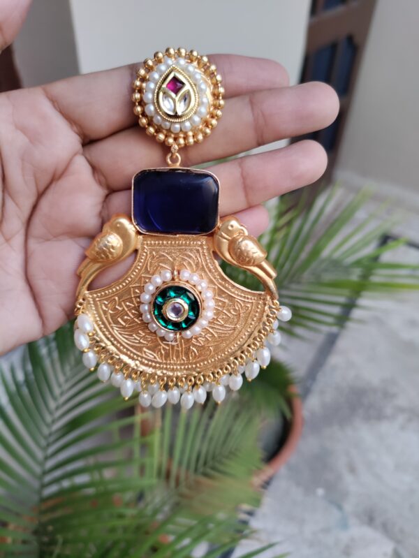 Blue Chandbali Golden Earrings - Image 3