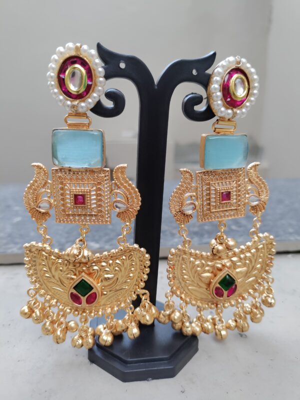 Pink Centre Sky Blue Stone Designed Chandbali Earrings