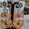 Green Center Sky Blue Stone Chandbali Earrings