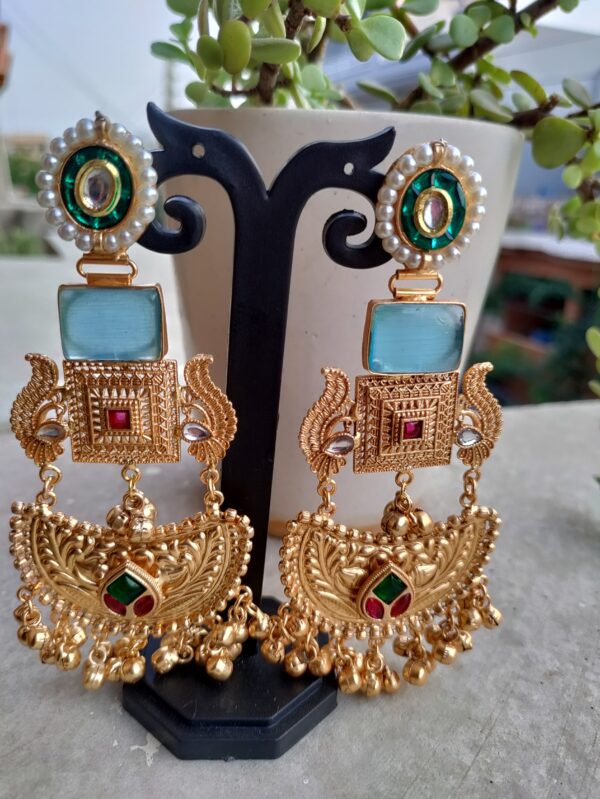 Green Center Sky Blue Stone Chandbali Earrings