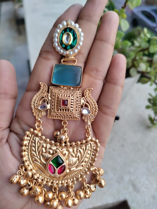 Green Centre Sky Blue Stone Designed Chandbali Earrings - Image 2