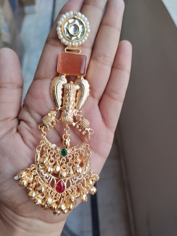 White and Orange Stone Elephant Designed Chandbali Earrings - Image 2
