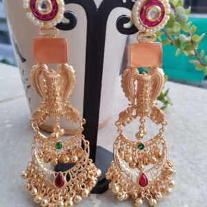 Pink and Orange Stone Elephant Designed Chandbali Earrings