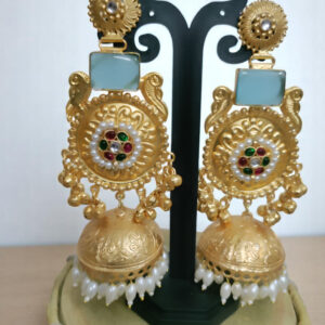 Long Sky Blue Stone Jhumki Long Earrings