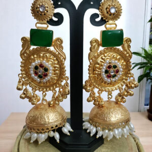 Long Green Stone Jhumki Long Earrings