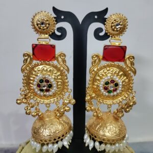 Long Red Stone Jhumki Long Earrings