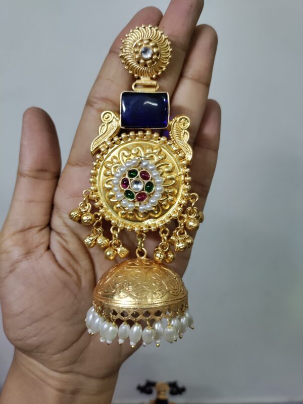 Long Blue Stone Jhumki Long Earrings - Image 2