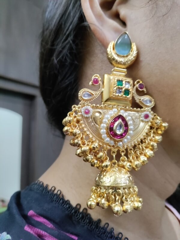Sky Blue Drop Earrings With Chandbali Jhumki and Bells - Image 2