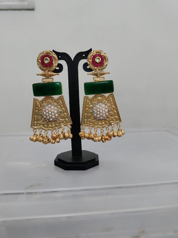 Pink Top and Green Stone Long Earring - Image 2