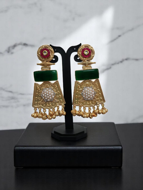 Pink Top and Green Stone Long Earring