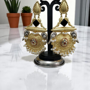 Black stone Parrot Chandbali Earrings with Pearl Drops