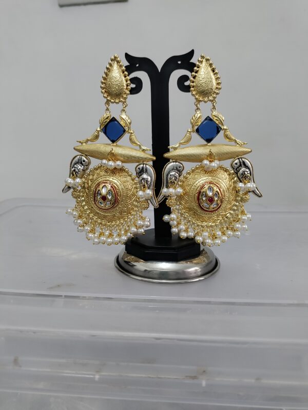 Blue Parrot Chandbali Earrings with Pearl Drops - Image 3
