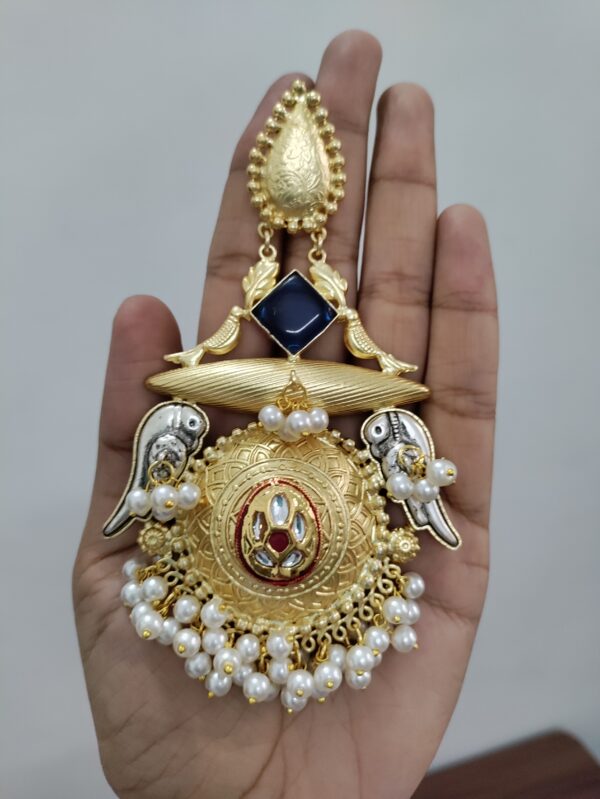Blue Parrot Chandbali Earrings with Pearl Drops - Image 2