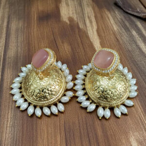 Golden Jhumki With Pink Stone and White Pearls
