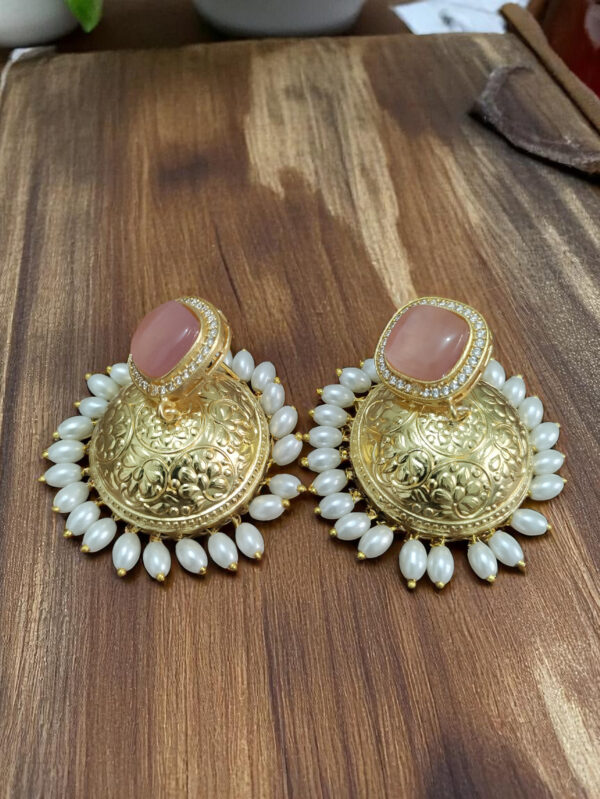Golden Jhumki With Pink Stone and White Pearls