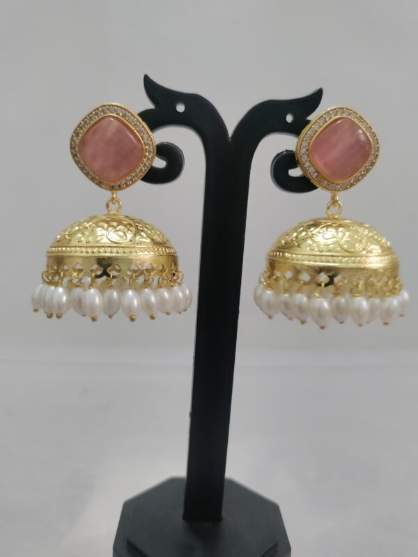 Golden Jhumki With Pink Stone and White Pearl Drops - Image 2