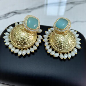 Golden Jhumki Mint Green Stone With White Pearl Drops