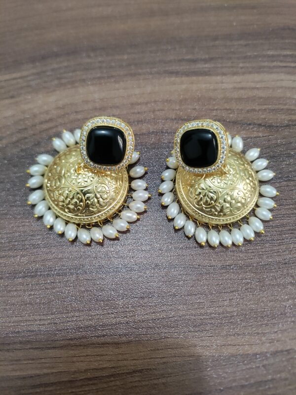 Golden Jhumki Black Stone With White Pearl Drops - Image 2