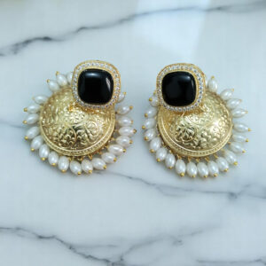Golden Jhumki Black Stone With White Pearl Drops