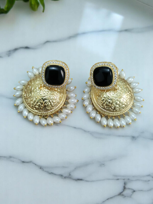 Golden Jhumki Black Stone With White Pearl Drops