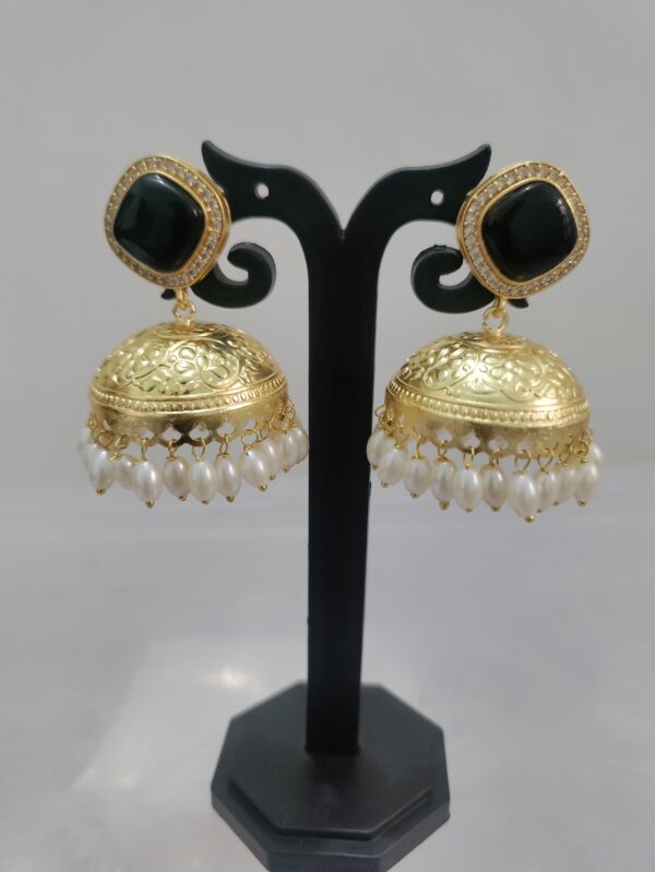 Golden Jhumki Black Stone With White Pearl Drops - Image 3