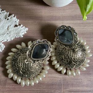 Diagonal Stone Oxidised Jhumki – Blue