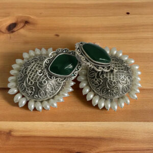 Diagonal Stone Oxidized Jhumki - Green