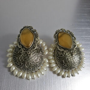 Diagonal Stone Oxidised Jhumki - Yellow
