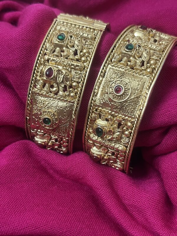 Premium Gold Plated Green and Ruby Elephant Crafted Kaddas - Image 2